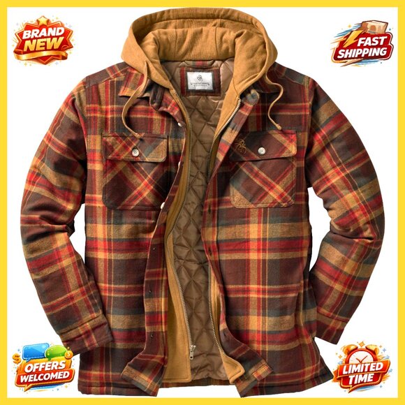 Men's Quilted Flannel Shirt Jacket Hooded Lightweight Insulated Classic Fit